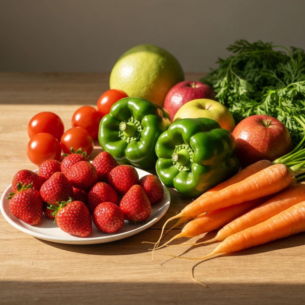 Fresh colorful vegetables and fruits arrangement