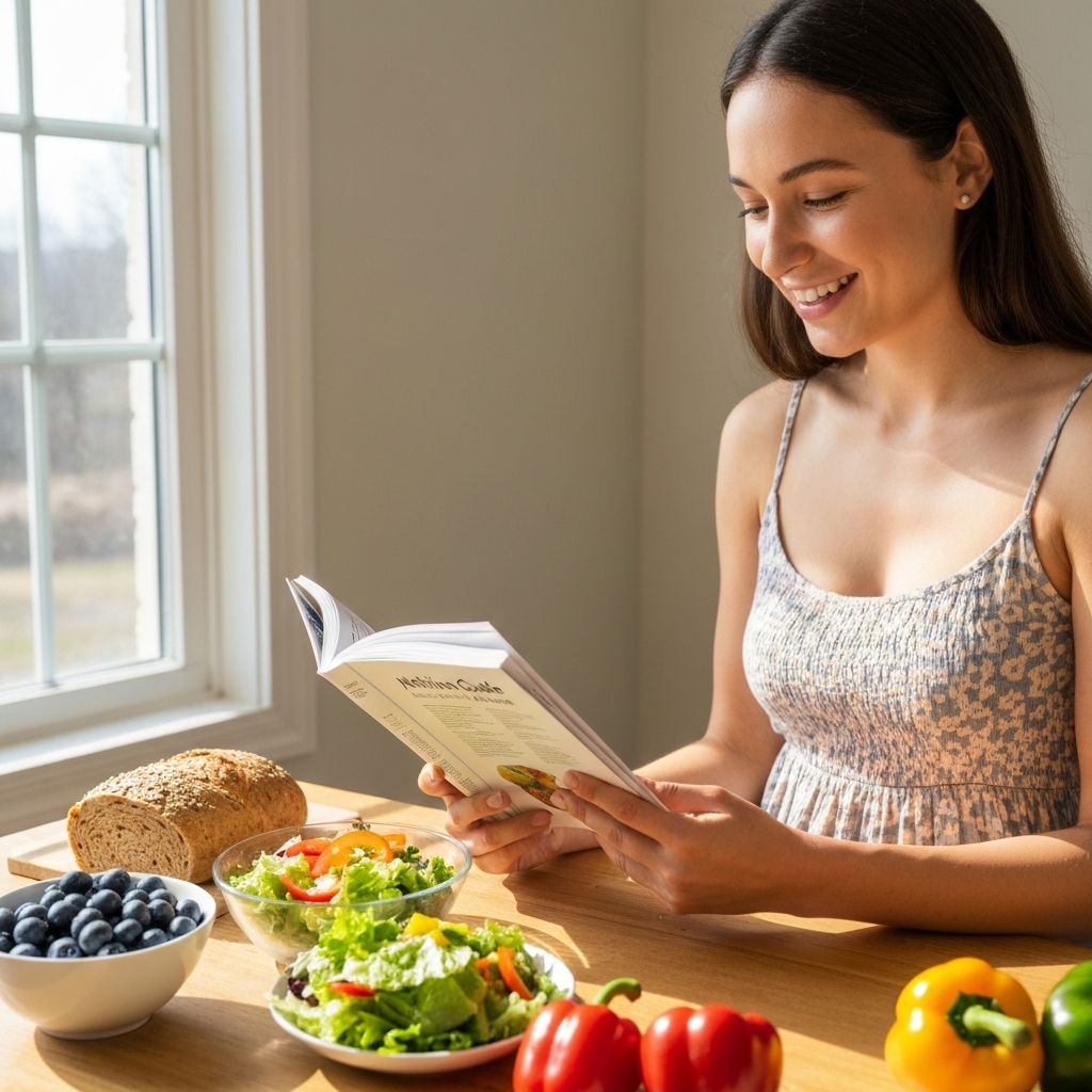 Person reviewing nutrition information with fresh food